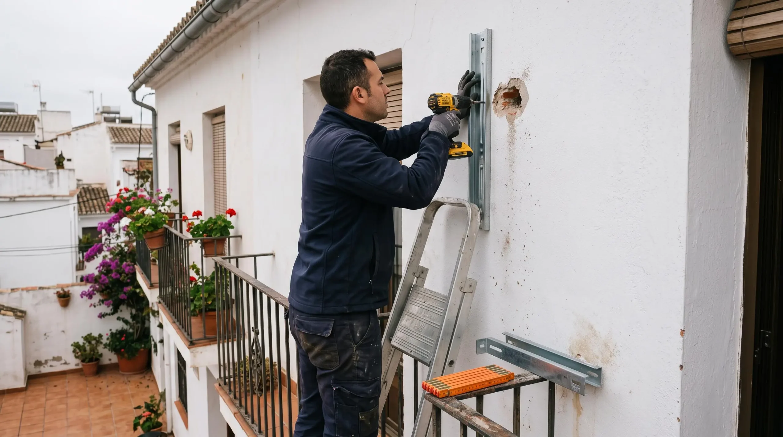 Un instalador fija el soporte de un toldo en una fachada con taladro.