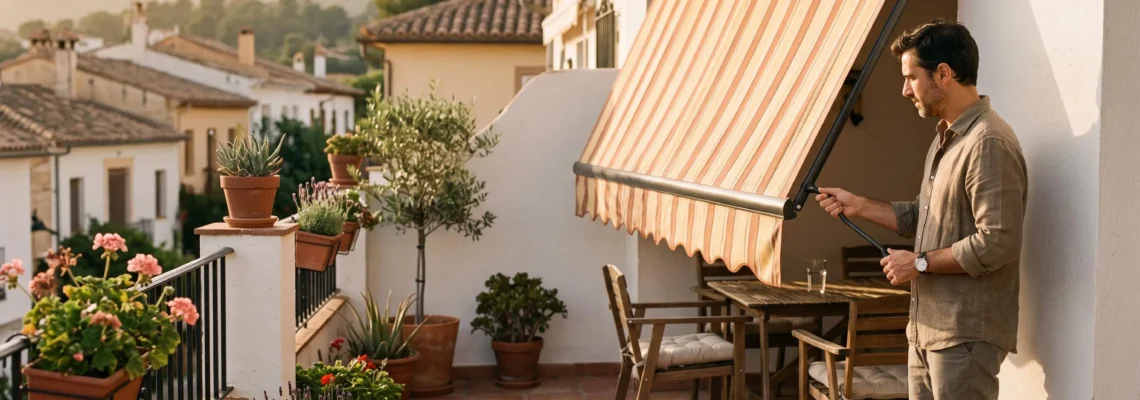 Un hombre acciona un toldo con guías en una terraza al atardecer.